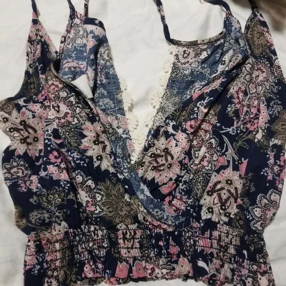 Hummingbird Boho Floral & Crochet V Neck Crop Top Y2K Medium - Picture 4 of 7